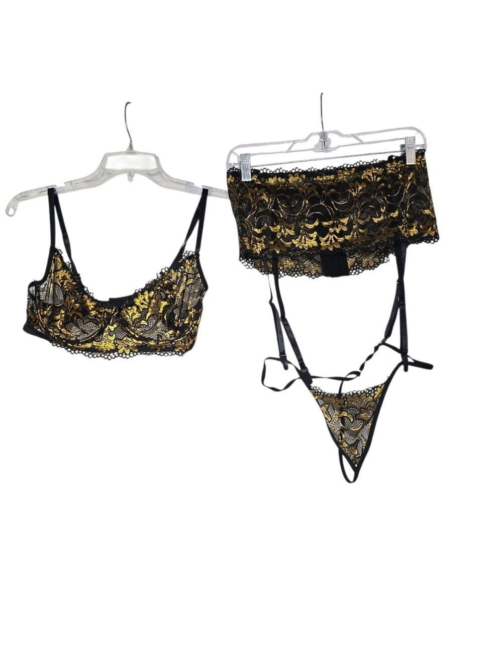 Avid Love Black Gold Bra Thong Underwear Lingerie Set XL